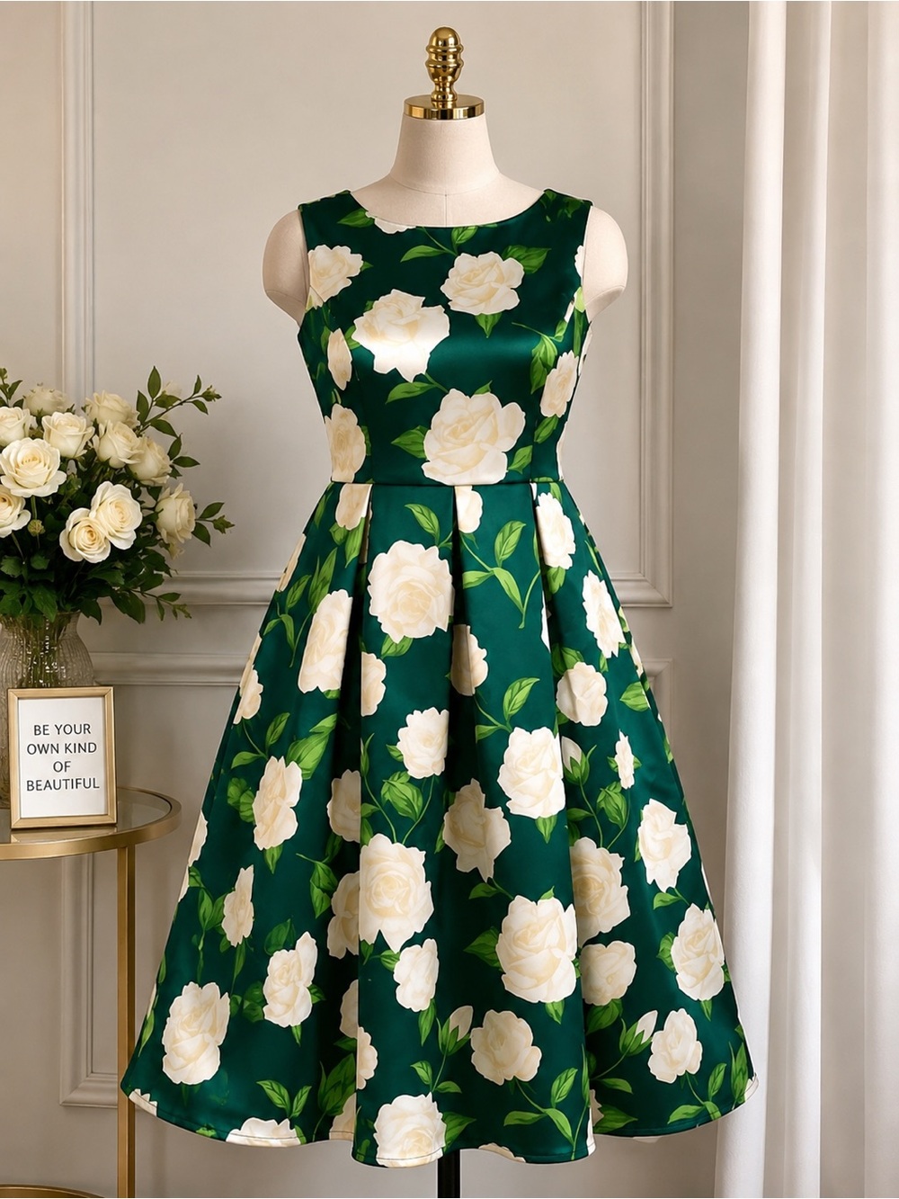 Elegant Green Floral Fit-and-Flare Dress with Ivory Roses